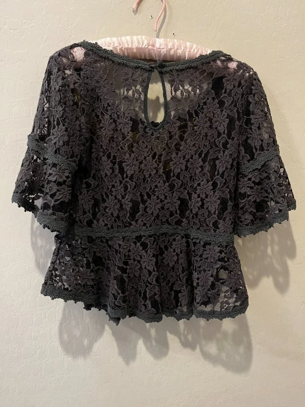 Free People Charcoal Gray Lace Peplum Short-Sleeve Top Size XS